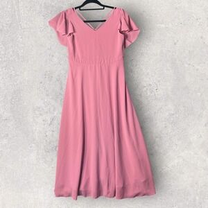 Womens Maxi Dress S Pink Ruffle Sleeve V Neck‎ Formal Wedding Guest Dress